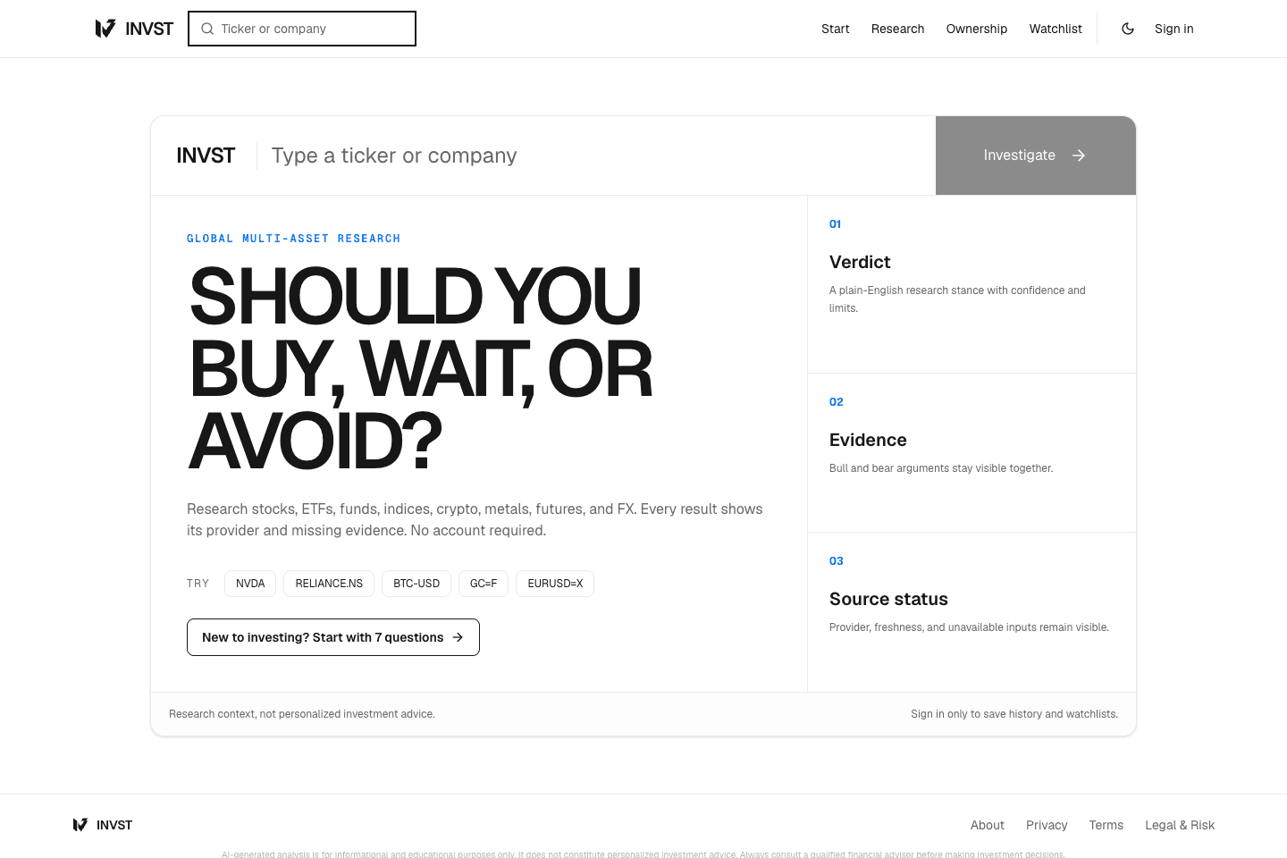 Actual INVST interface with ticker search, buy wait or avoid research framing, verdict, evidence and source status.
